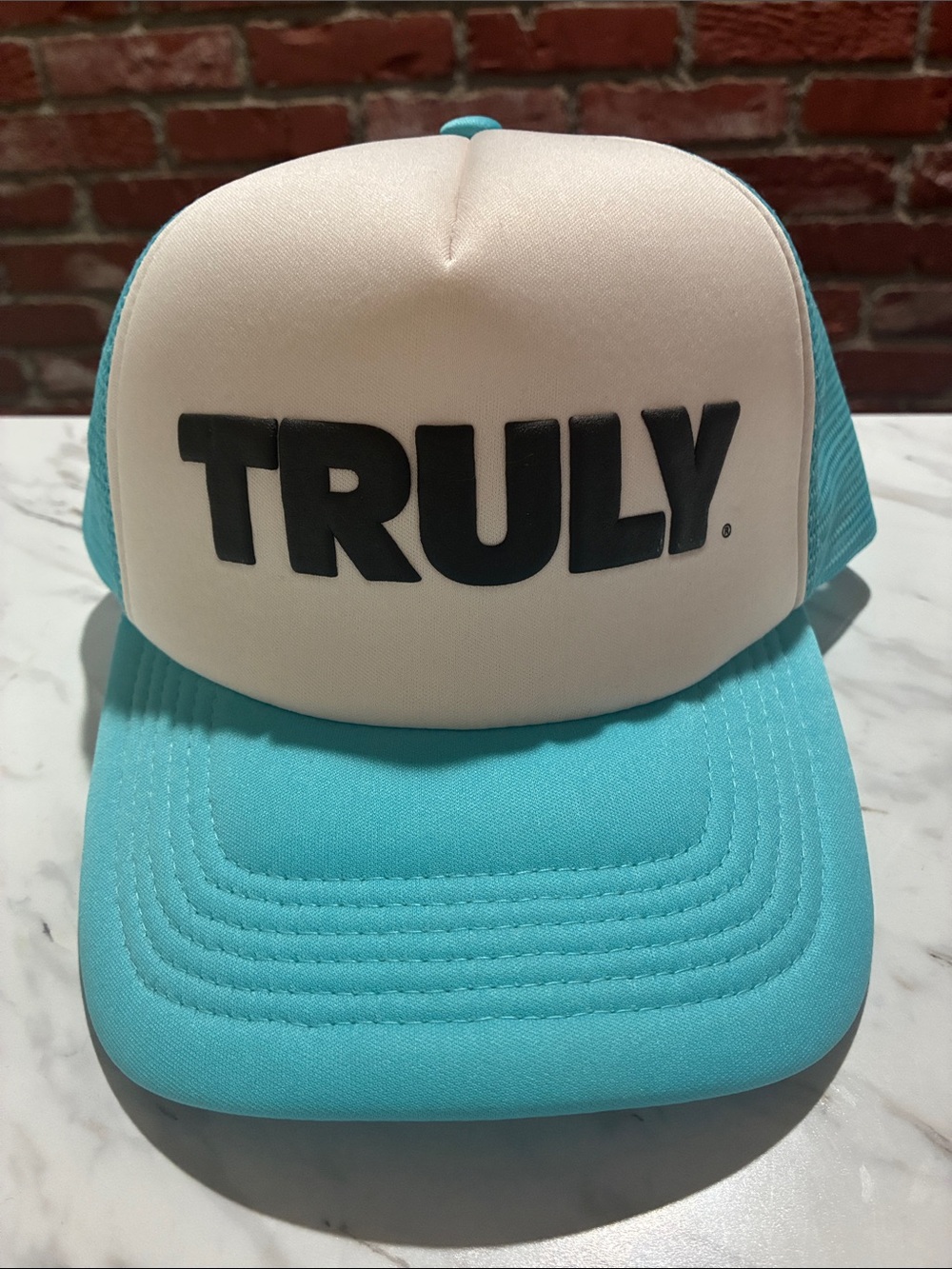 TRULY Aqua and White Foam Trucker Hat with Bold Logo
